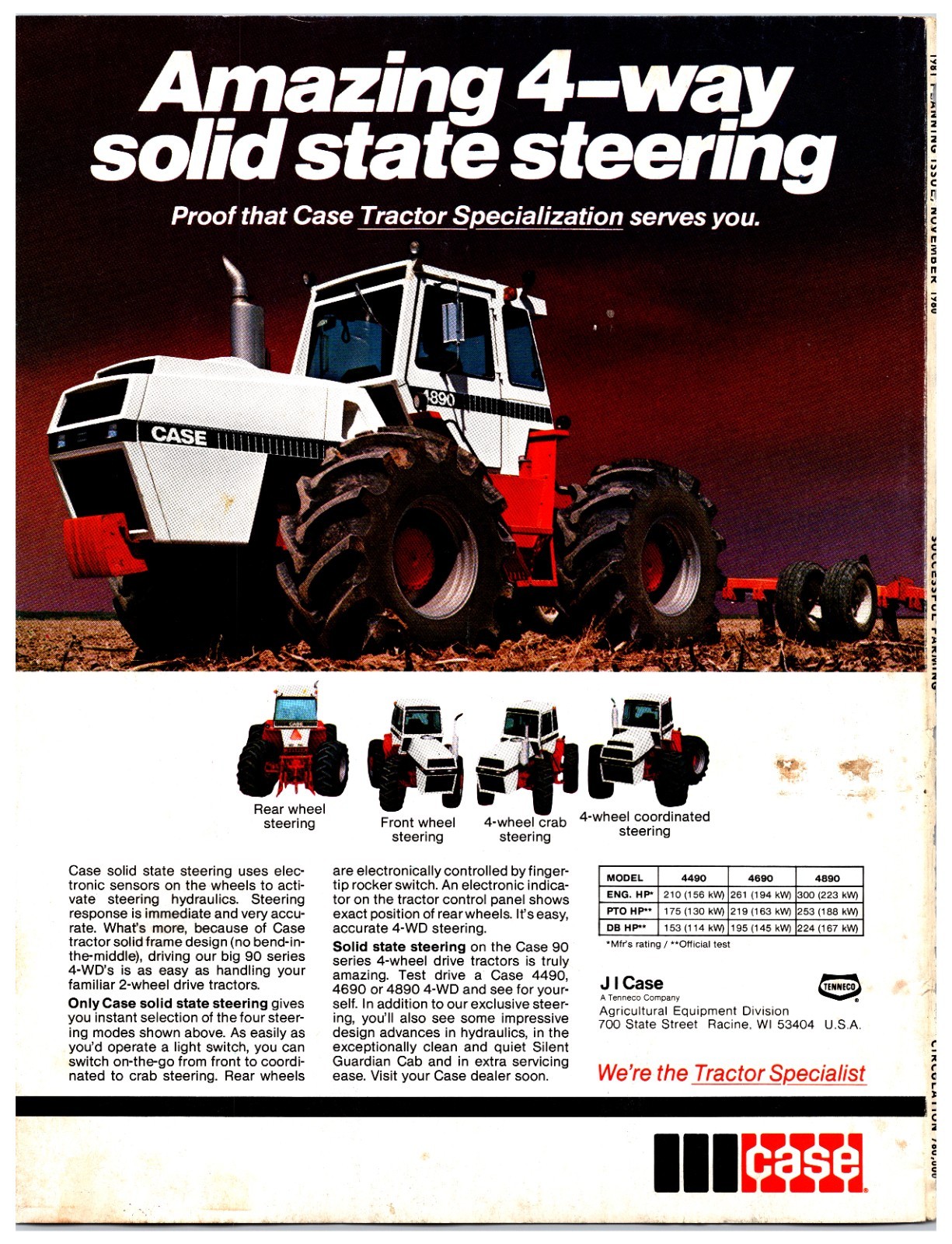 1981 J.I. Case 4490, 4690, 4890 Tractors Original Print Ad (8x11) Advertisement