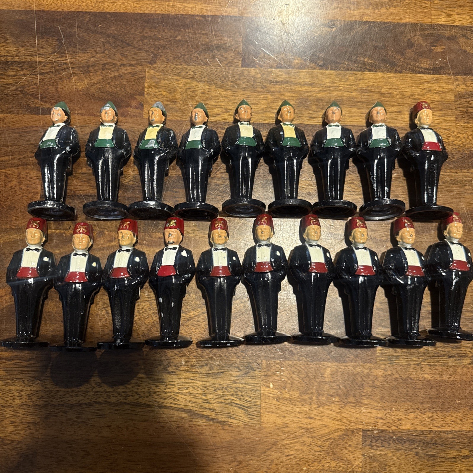 19 Vintage Shriners Mason Fez Figurine Cast Metal Painted Tuxedo 1960s Red/green