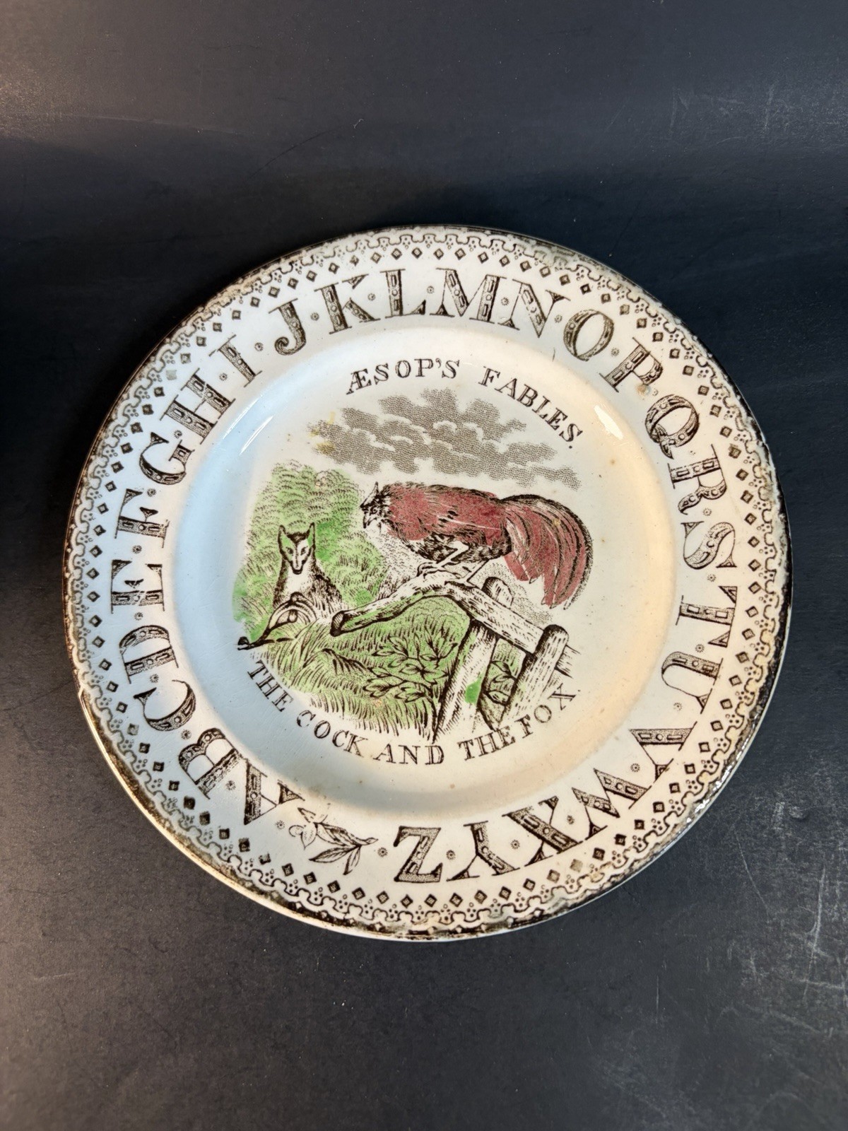 Antique AESOP\'S Fables The Cock & The Fox Childs ABC Plate Transferware 6.5”
