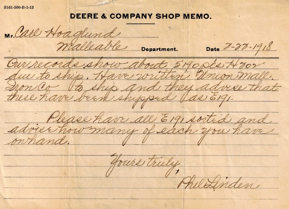 Original 1918 John Deere Company Moline Illinois Shop Memo Tractor Farming