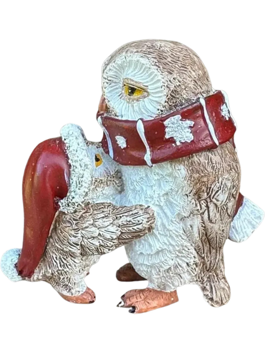 Whimsical Holiday Owls Hugging – Miniature Christmas Village Figurine