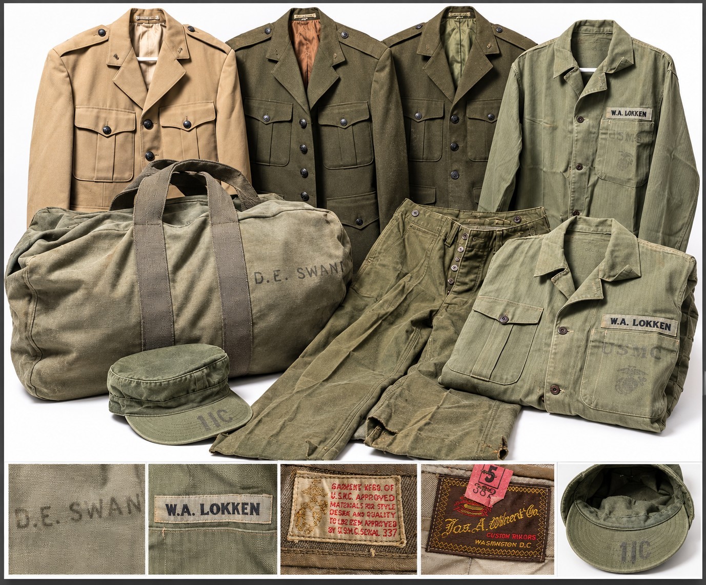 Vintage USMC Marine Corps Uniform Lot 20lb HBT W.A. Lokken Jackets Pants