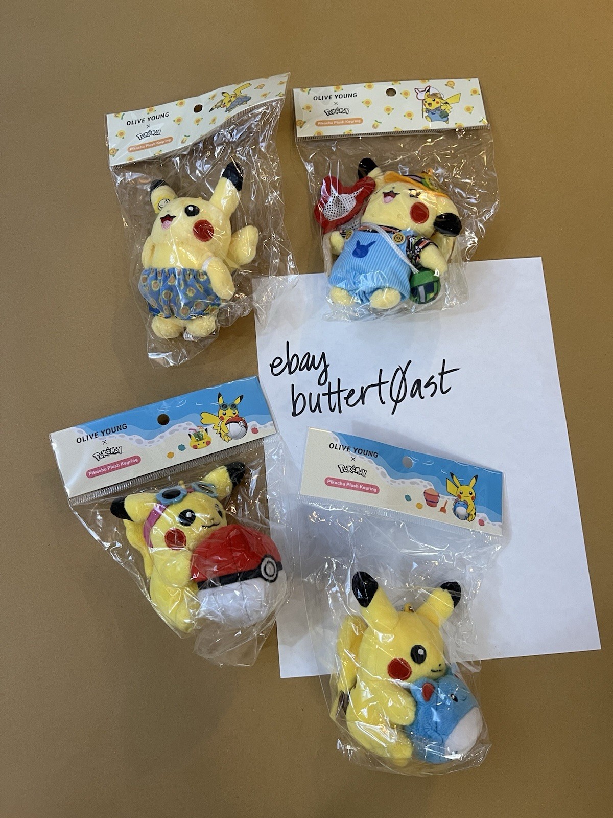 NEW COMPLETE SET of 4 Olive Young Pikachu Pokemon Plush Bag Charms Keychains