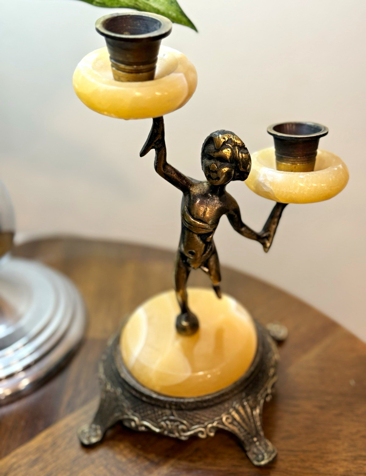 Rare Vintage Brass Cherub Candelabra Marble Base Hollywood Regency 2 Arm
