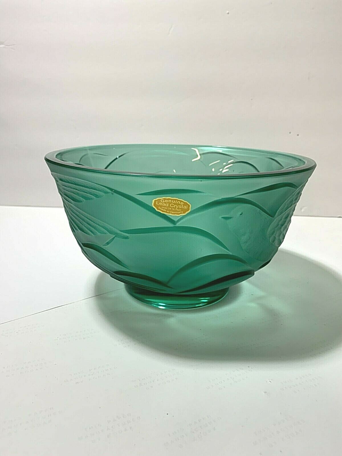VTG 24% GREEN GENUINE Lead Crystal Glass Bowl Embossed BIRDS PAPER LABEL GERMANY