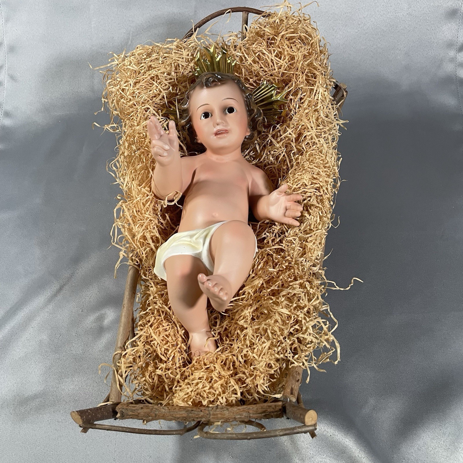 Large Vintage Porcelain Baby  Jesus Nativity Rustic Manger Made In Spain