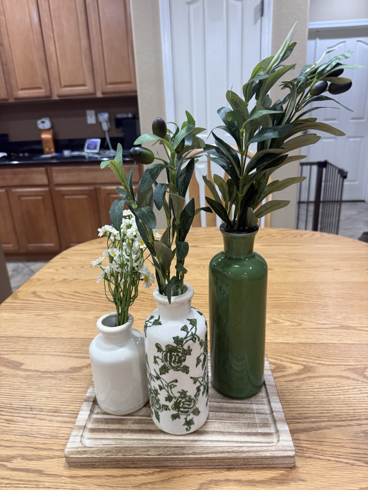 Ceramic Vintage Vase Set of 3, Green and White Crackle Glaze, Chinoiserie Floral