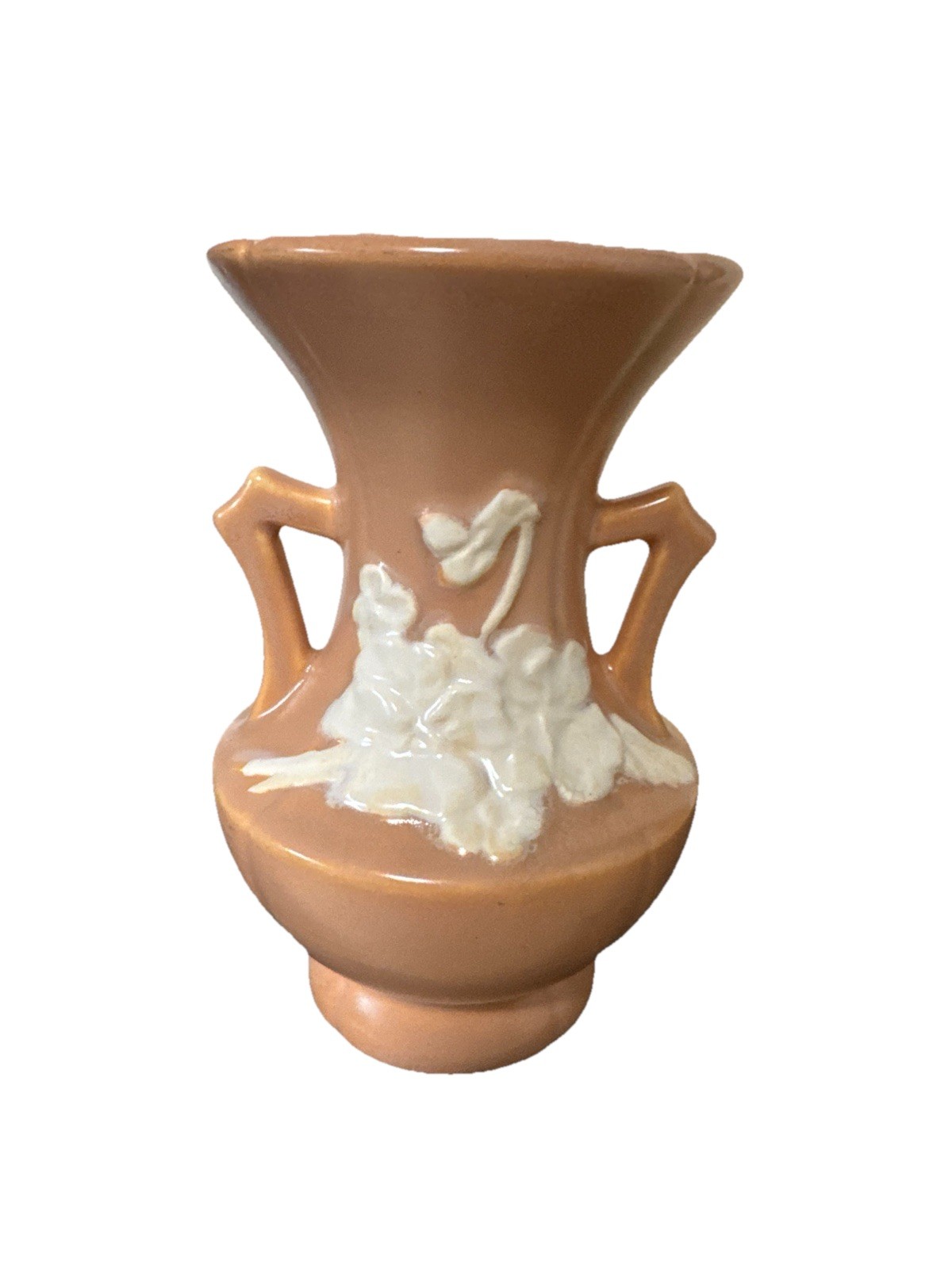 Weller Flower Vase 2 Handled Peach Cameo Rose Vase White Raised Flowers 6.5”