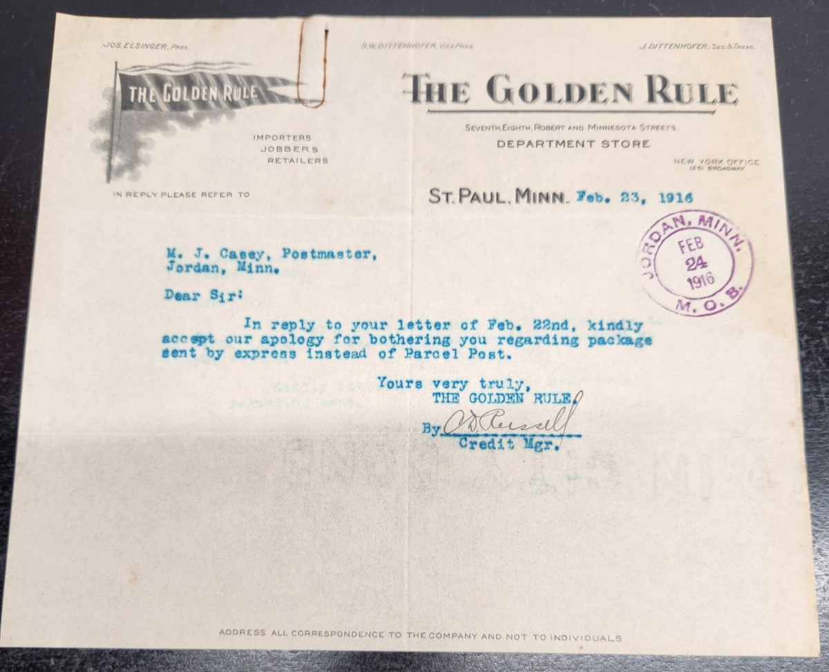VTG 1916 Billhead of The Golden Rule Dept. Store of St Paul Minnesota VTG 1916 Billhead of The Golden Rule Dept. Store of St Paul Minnesota