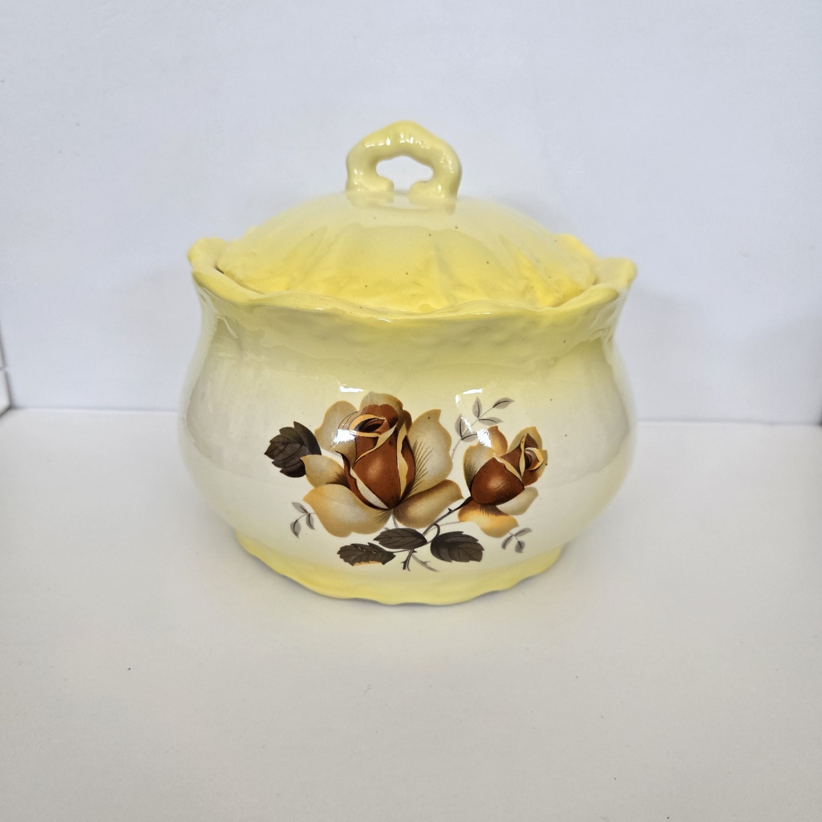 Vintage 1978 Makers Mark FW Hand Painted Small Jar Lid Orange Floral Glazed Cer.