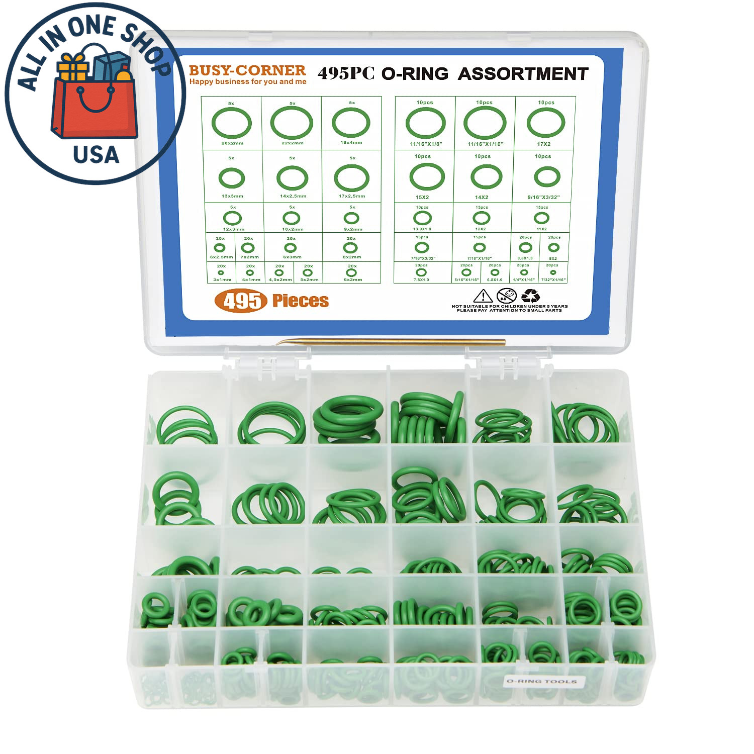 495 Pieces SAE Metric O Ring Kit with O-Ring Pick & Installation Tools Rubber Wa