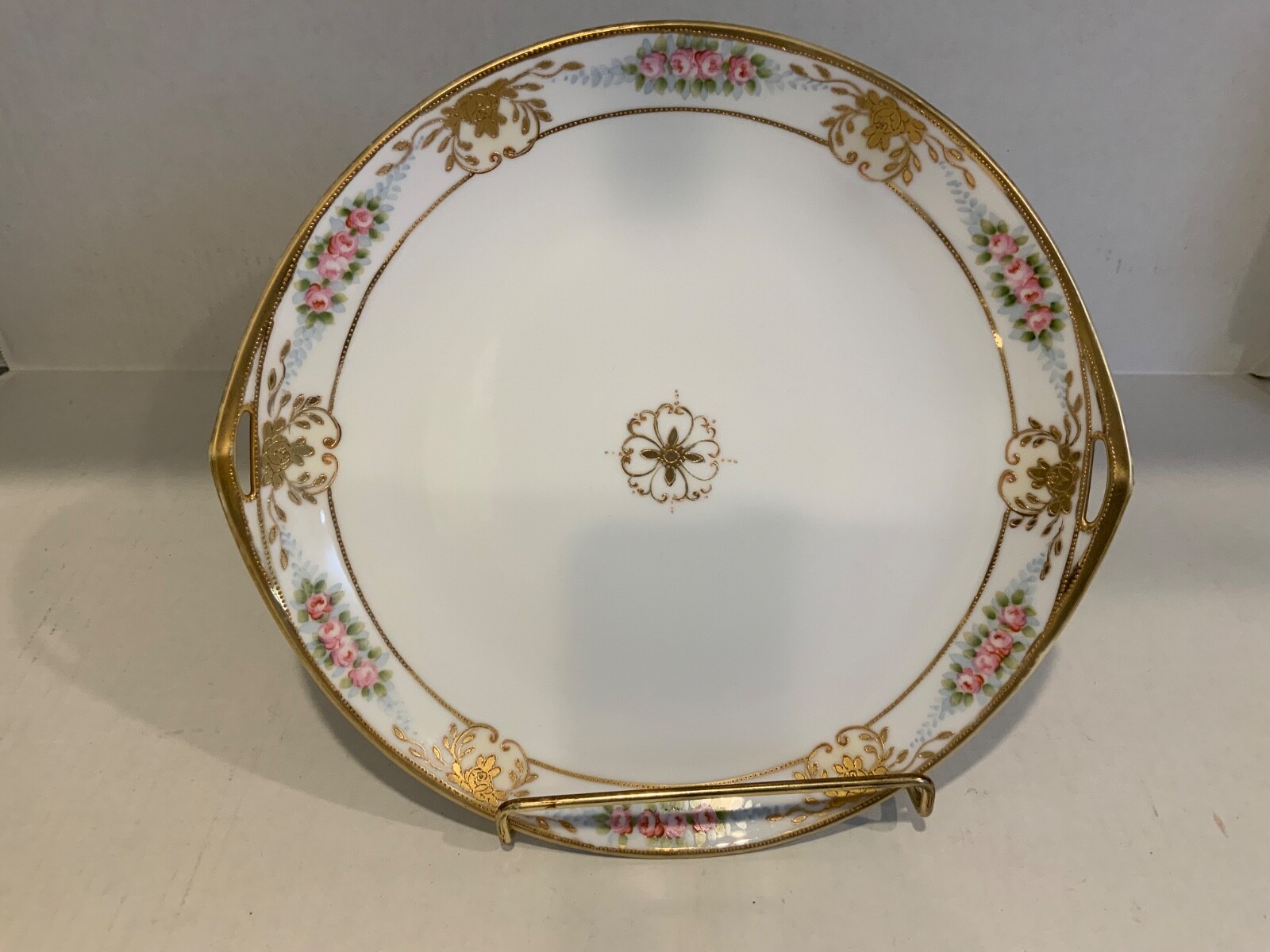 Antique Nippon Hand Painted Serving Plate w/Gold Handles, Pink Peonies Roses ?