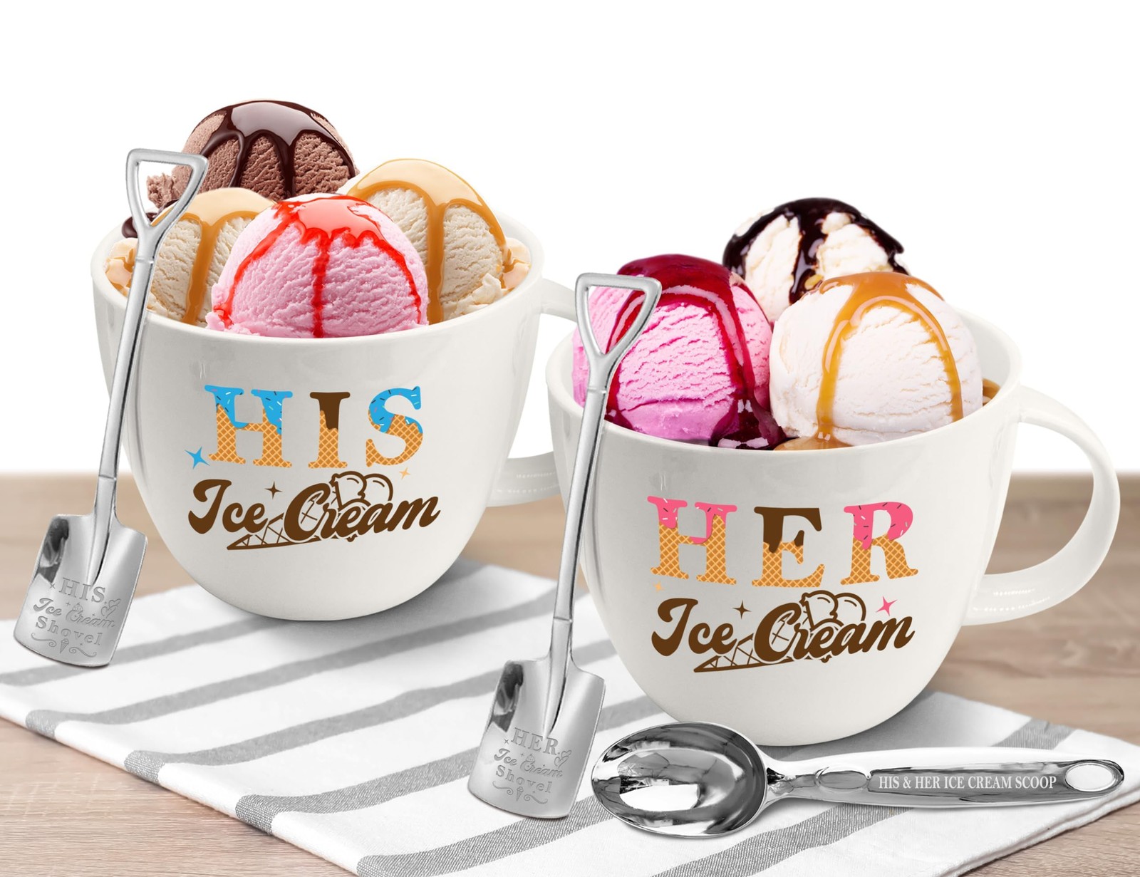 Hexagram His & Hers Ice Cream Bowl Set With Scoop & Spoon - Valentine\'s Gift