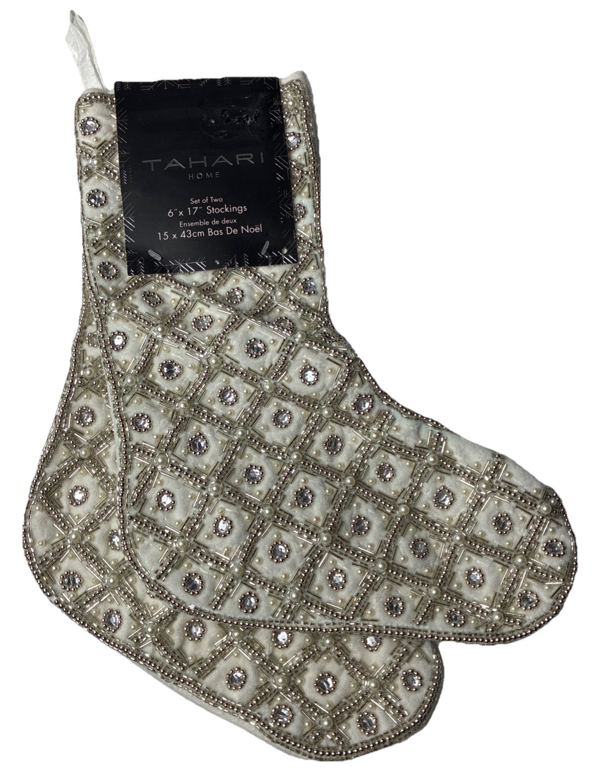 NEW Tahari Set 2 Luxury Christmas Stockings Faux Pearl Silver Beaded lattice