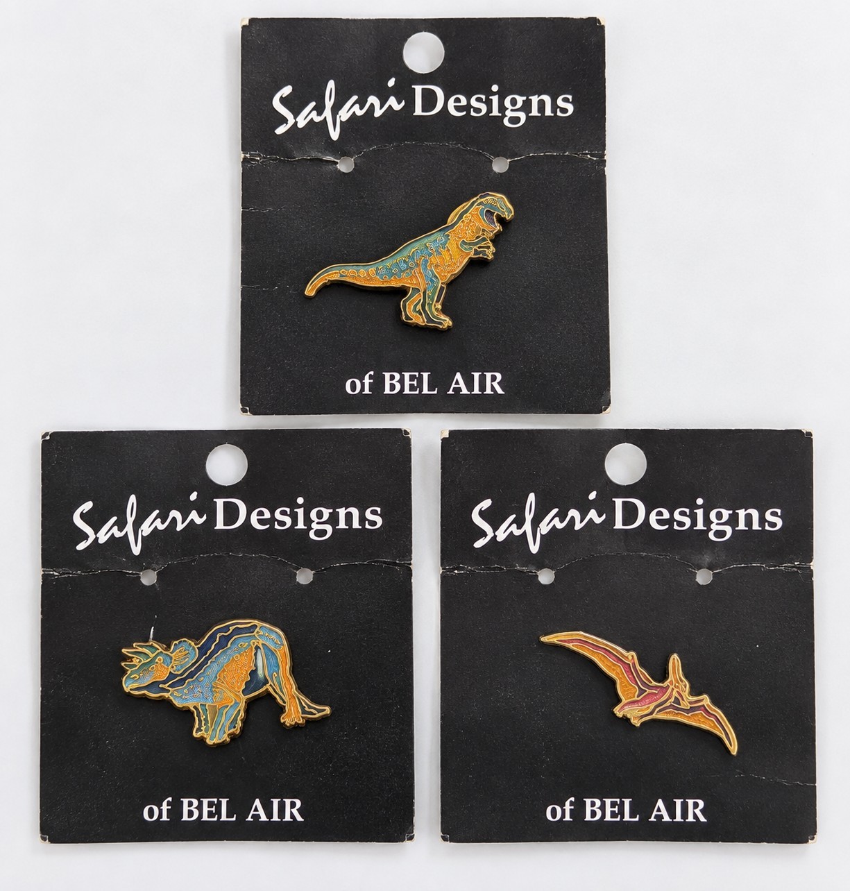 Safari Designs of Bel Air Dinosaur & Pterodactyl Pinback Pins Lot of 3 Cards
