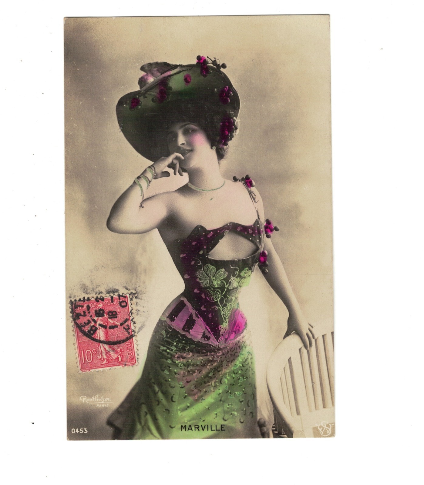 SB2816 EARLY THEATRE FAMOUS MARVILLE RISQUE SEXY DRESS WASP WAIST RPPC