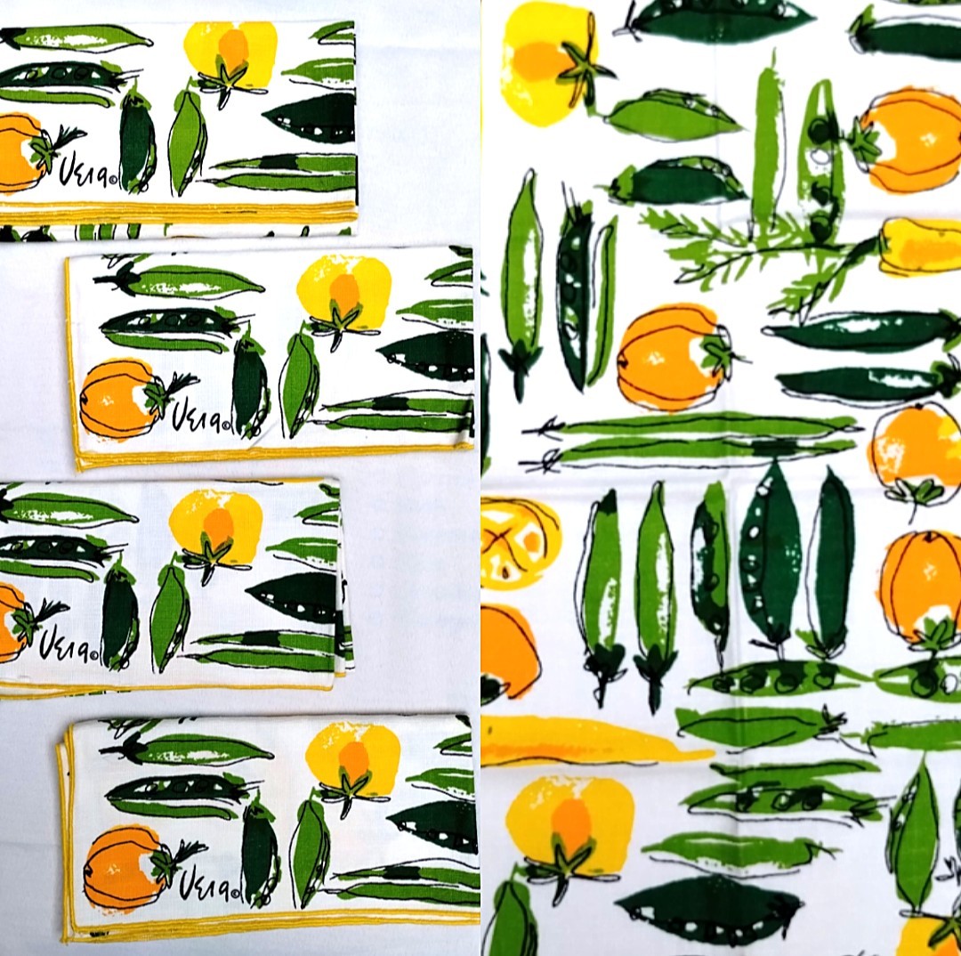 Vtg Vera SET OF 7 70s Napkins Vegetable Garden Peas Green Orange Cloth MCM 4X