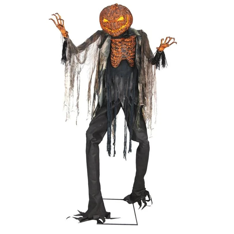 Halloween Animated Scorched Scarecrow Prop 7 ft with Light-Up Jack O' Lantern