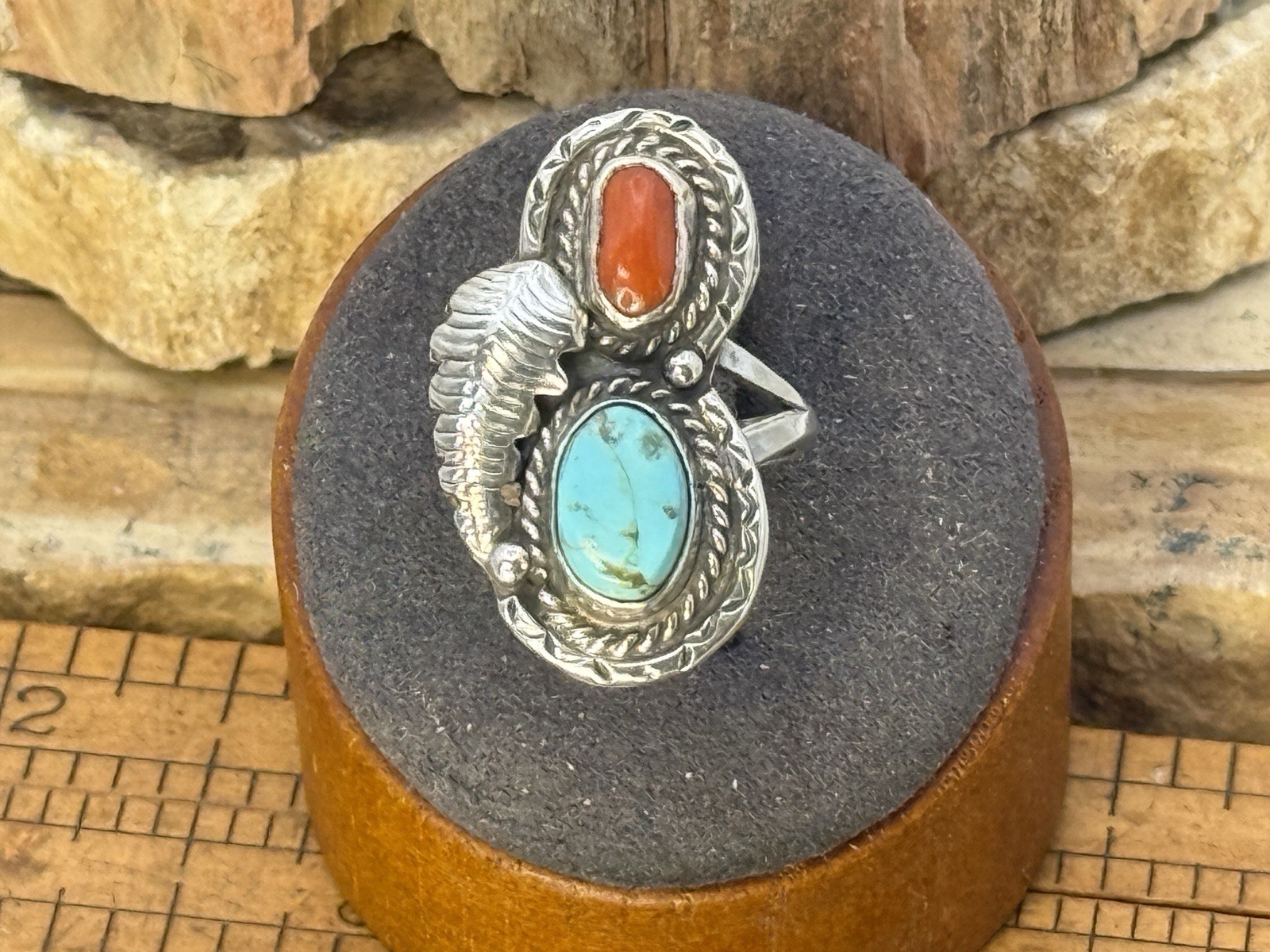Stanley Bain Navajo Sterling Silver Turquoise Coral Blossom Ring Sz 5--1510.26