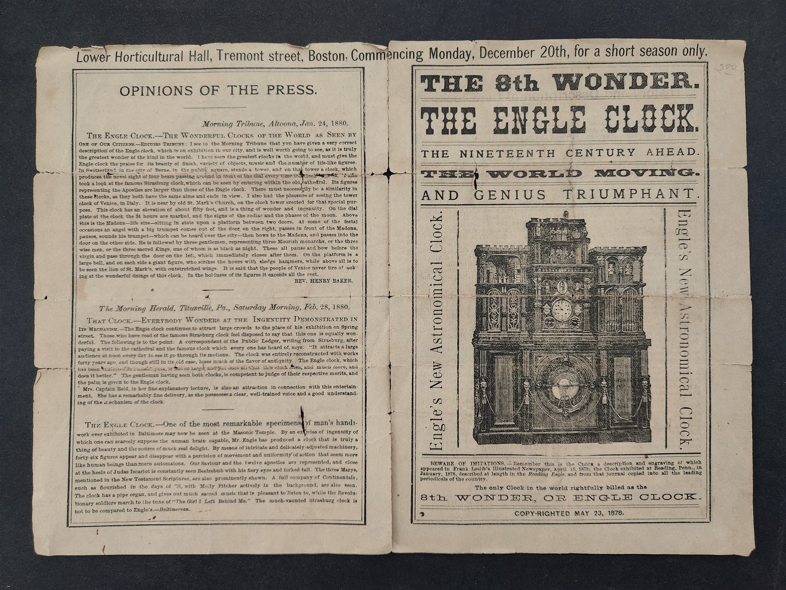 1880 antique ENGLE CLOCK BROADSIDE boston ma 8th WONDER ASTRONOMICAL horology
