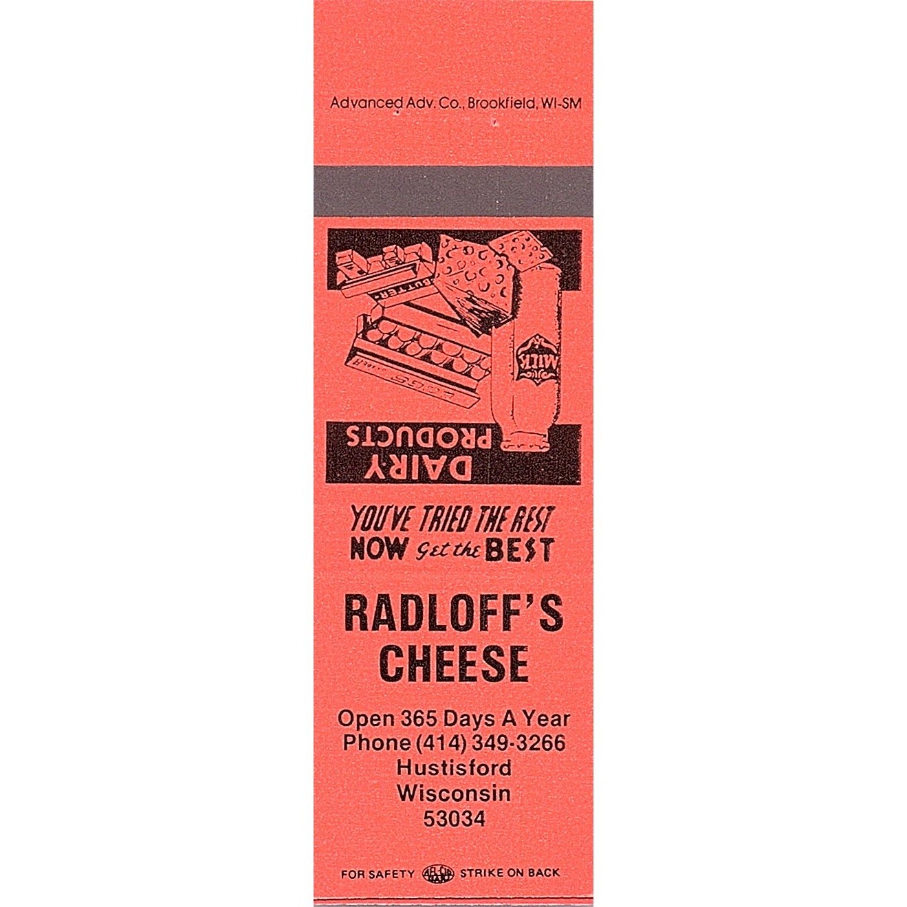 Radloff\'s Cheese Hustisford WI Vintage Matchbook Cover SMB69-5-A3