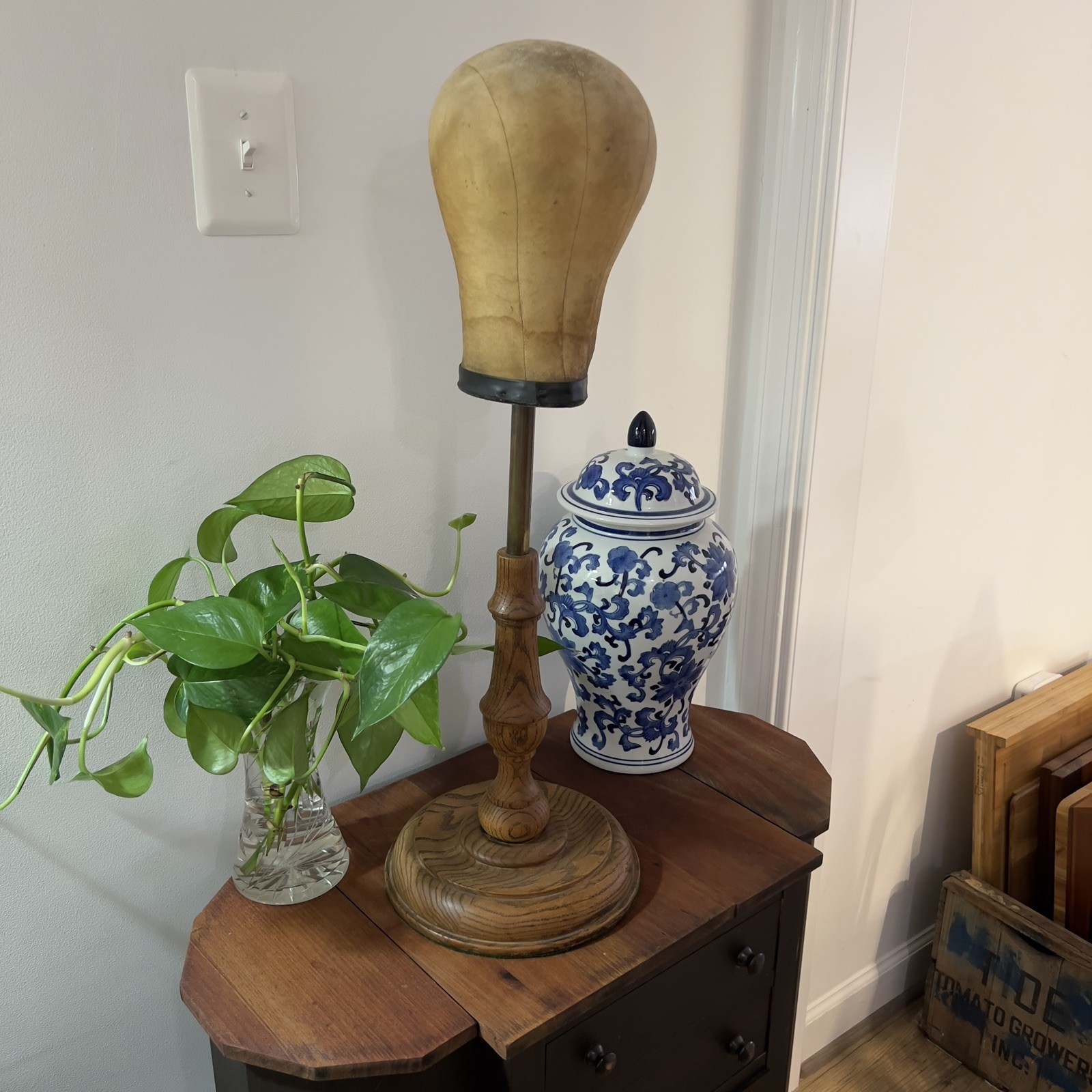 Antique Canvas Milliners Hat Block Mannequin Head/Hat Wig Display - Wooden Stand