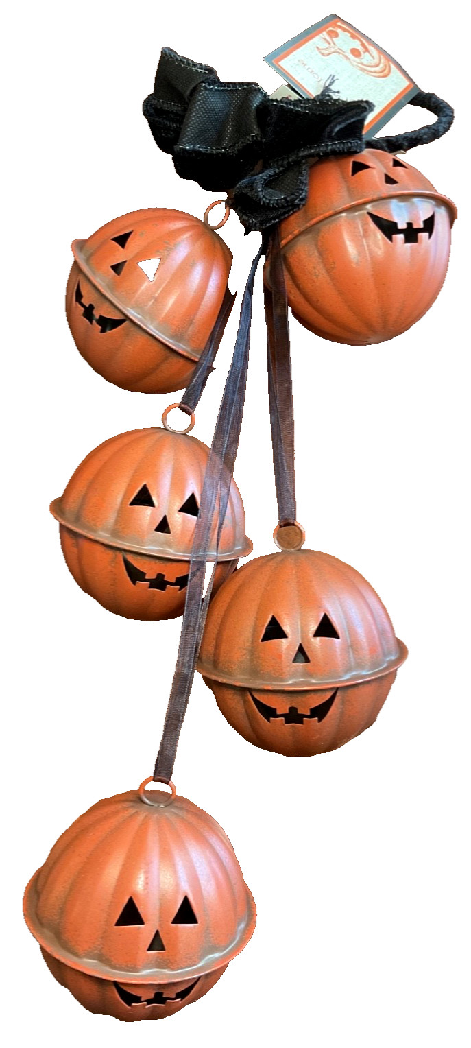 HALLOW HOME HALLOWEEN JACK O LANTERN  BELLS DOOR KNOB HANGER ORANGE 21 INCH NWT