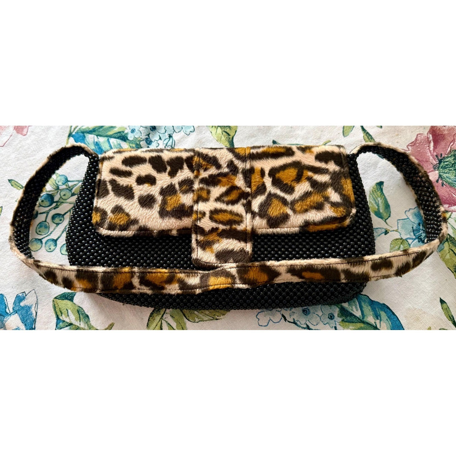 Vintage black beaded faux fur leopard purse shoulder bag/handbag/retro/elegant