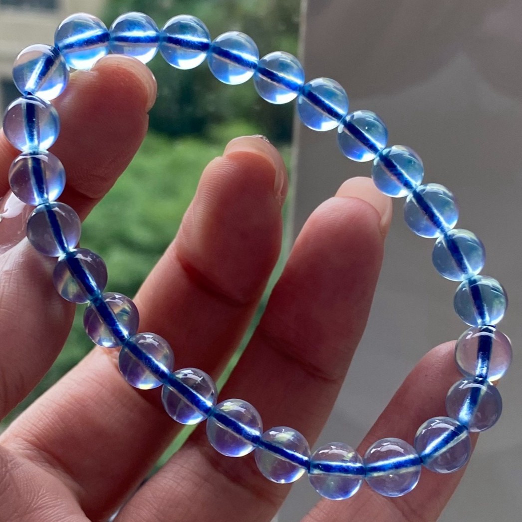 Clear Aquamarine Bracelet Single Strand Round Bead Blue Gemstone Jewelry
