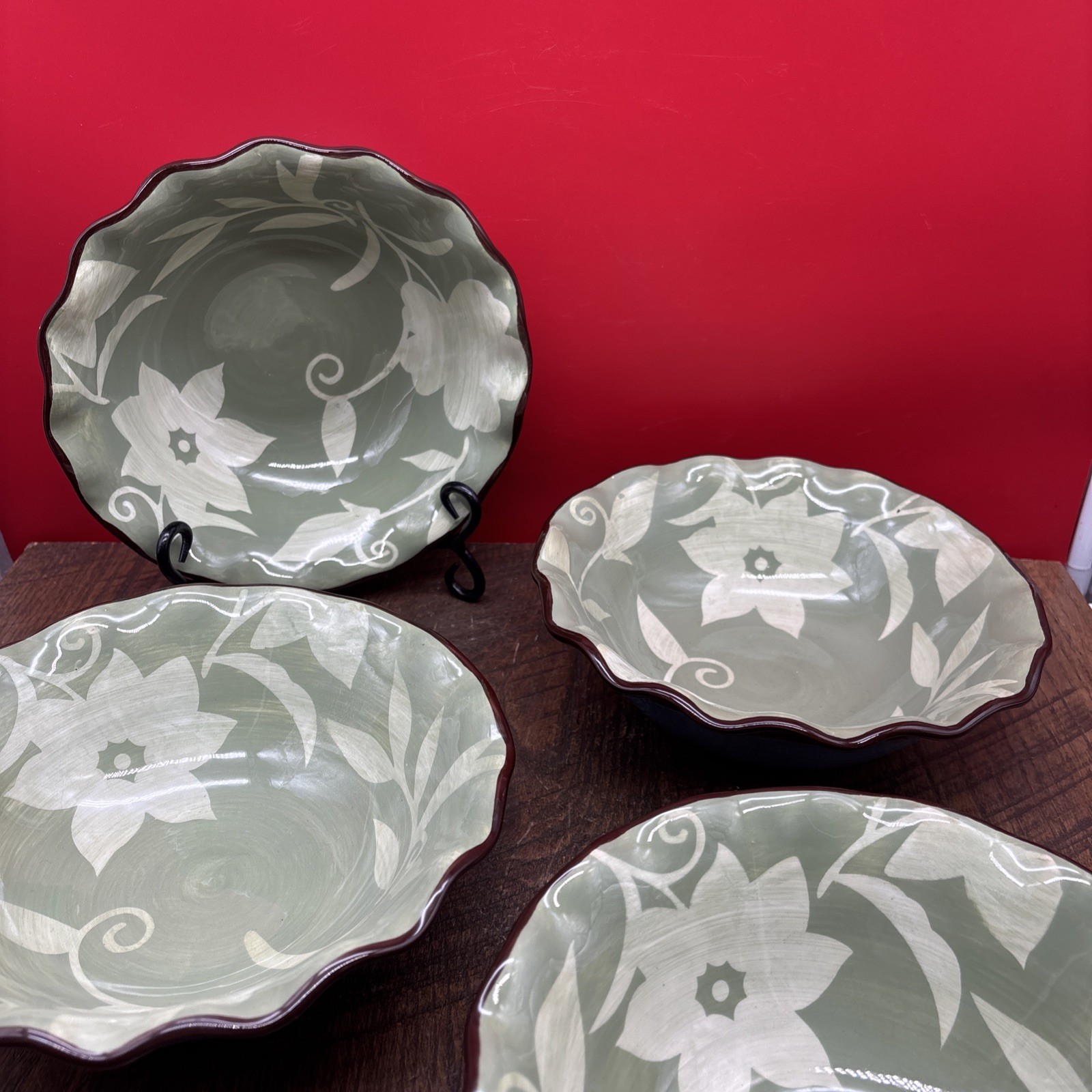 Pfaltzgraff Patio Garden Pasta Dinner Bowl Set of 4 Fluted Blue Green Floral