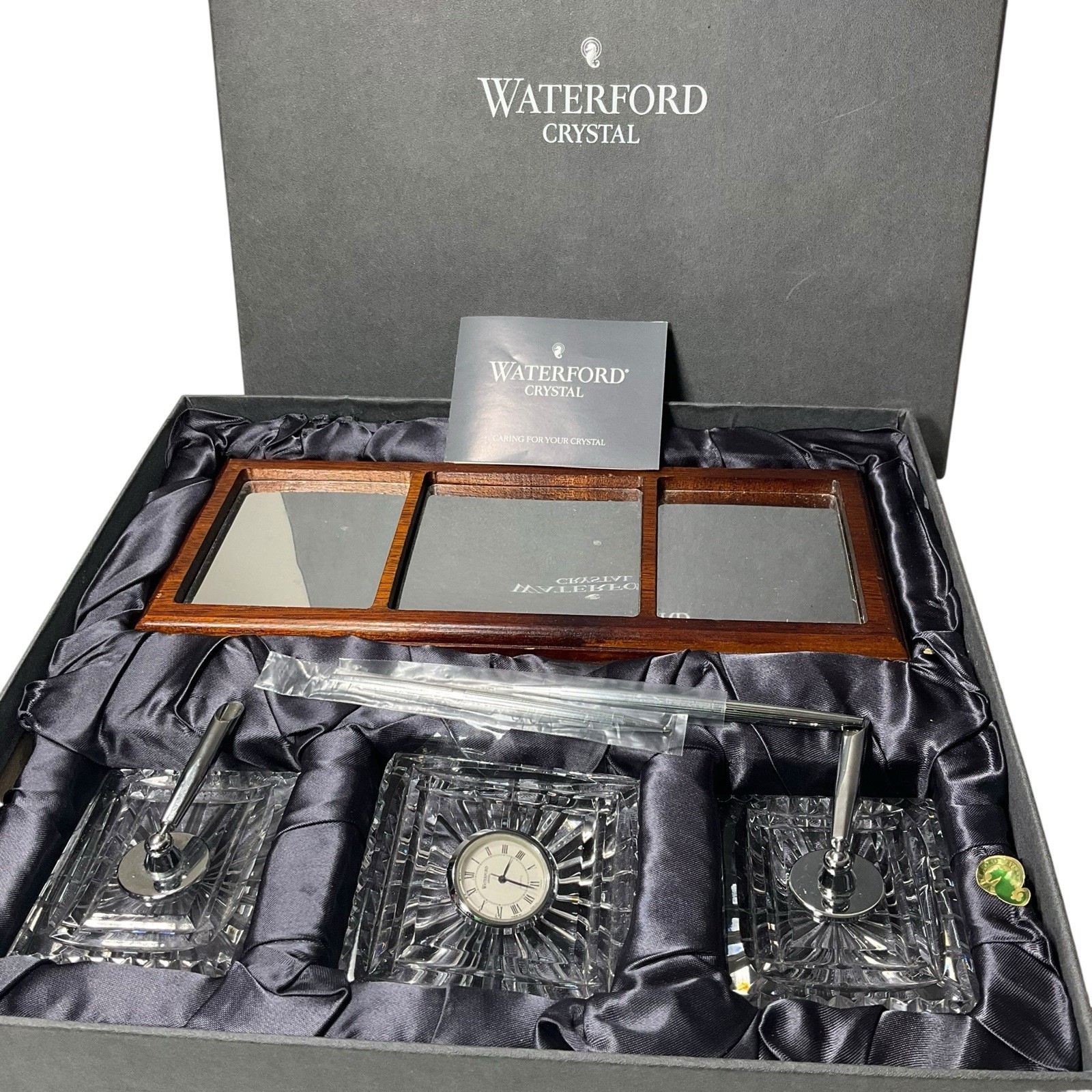 VTG Waterford Crystal Executive Desk Clock with Pens Mirror Base & Box Ireland