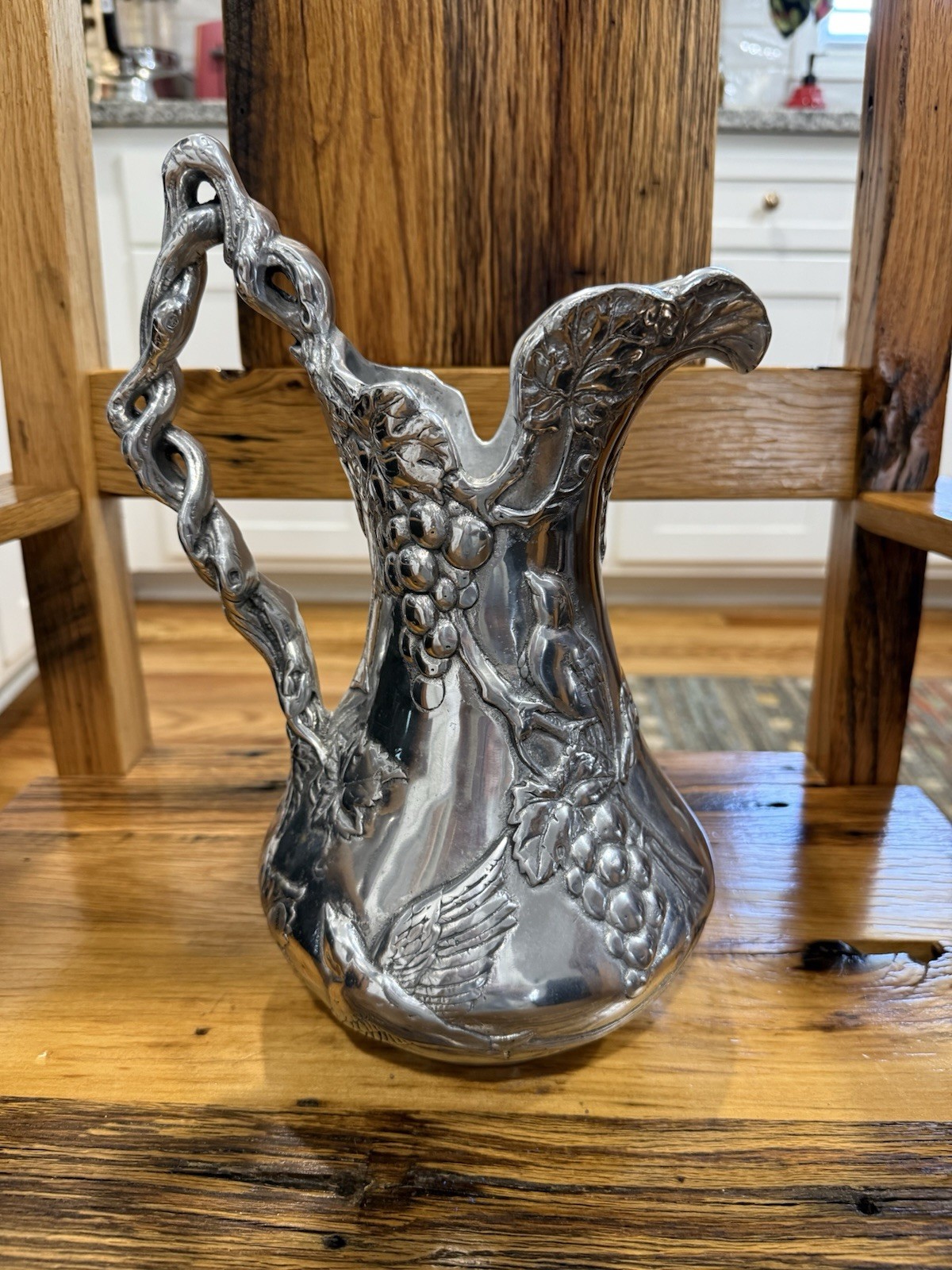 Vintage Arthur Court 2000 Embossed Metal Pitcher, Silver Grapes Pattern Handle