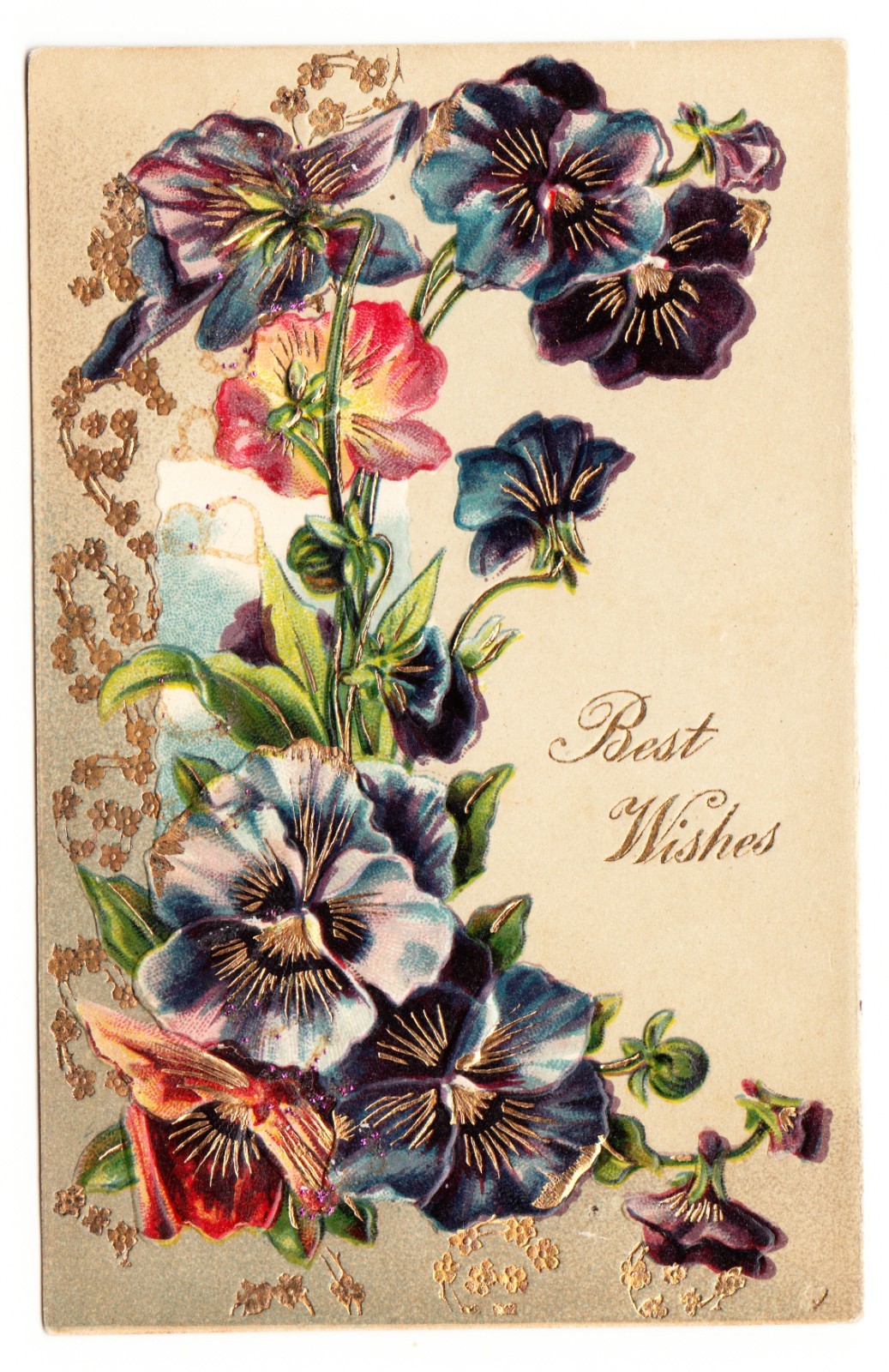 c. 1910 Best Wishes Pansies Embossed Gold Gilt Floral Postcard