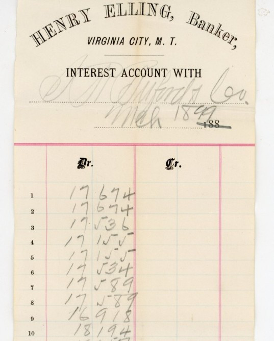 1880s Henry Elling Banker Virginia City Montana Territory Interest Account page