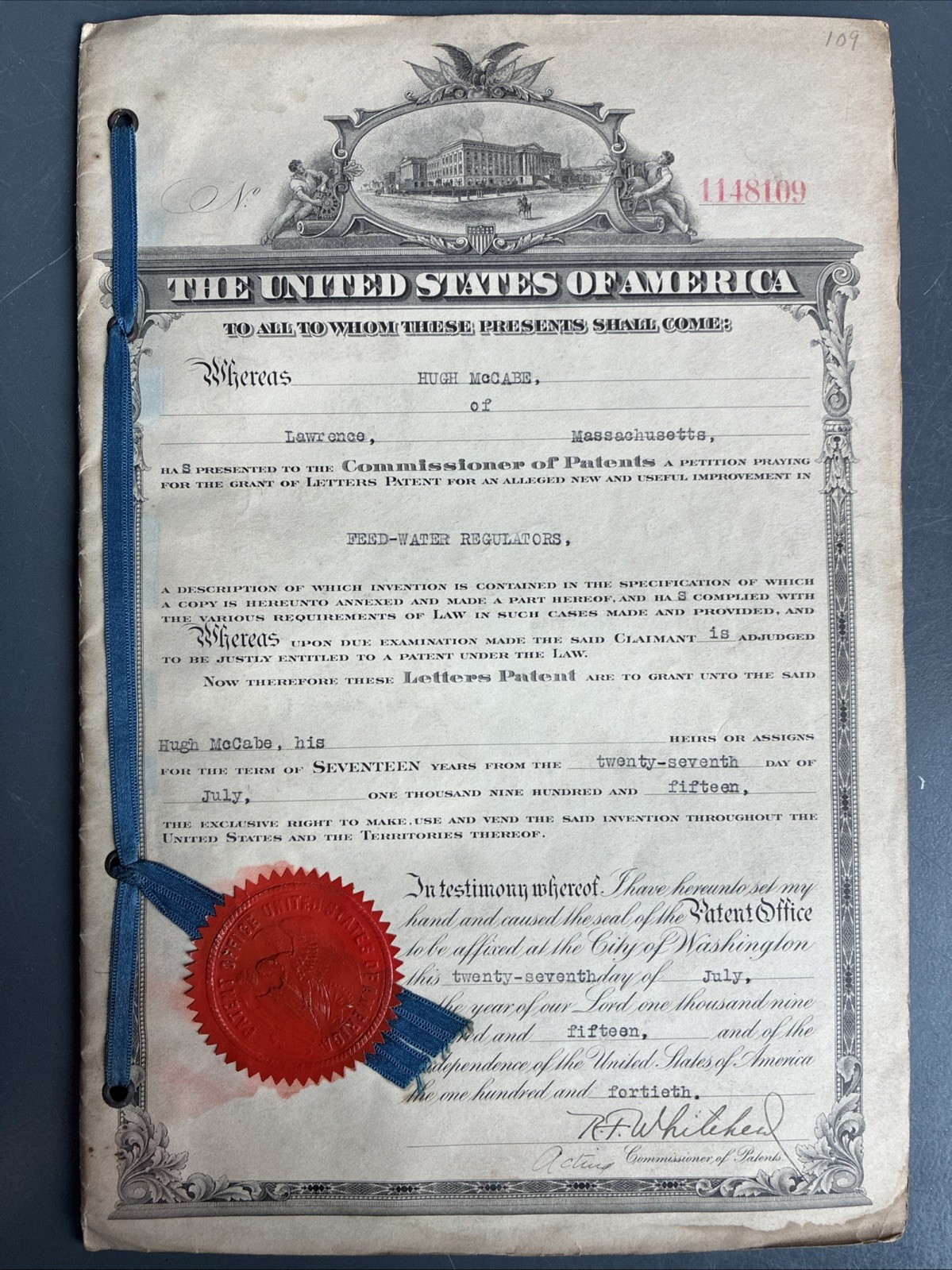 Original United States Letters Patent certificate 1915 Issued to  Hugh McCabe