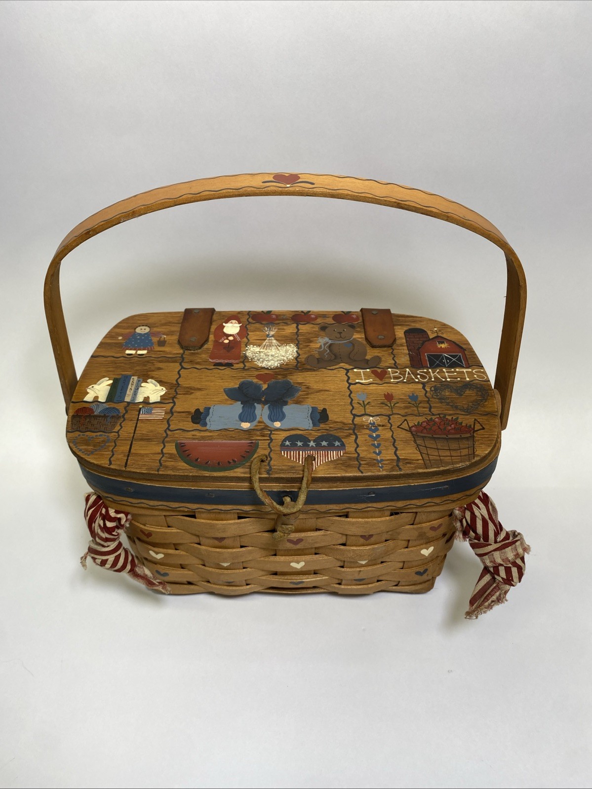 Longaberger 1990 VTG Kiddie Lunch Kit Basket Handle Folk Art RED WHITE BLUE