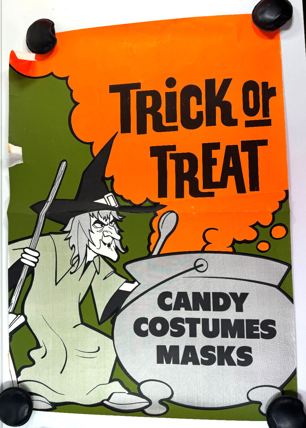 vtg 70s 80s Halloween Store Display Sign Candy Costumes Masks WITCH