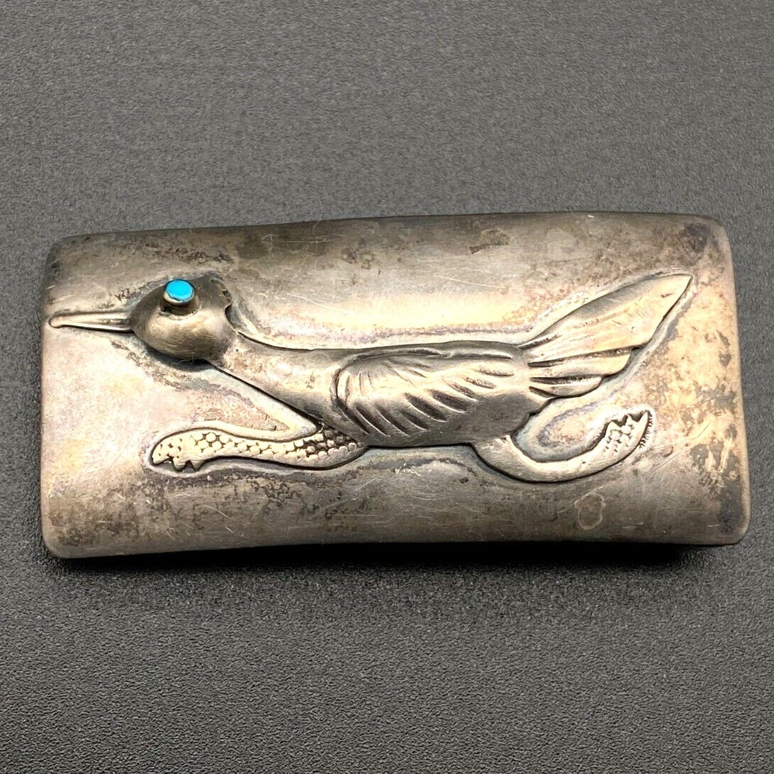 Vintage Alberto Contreras Turquoise Roadrunner Sterling Silver Belt Buckle 1\