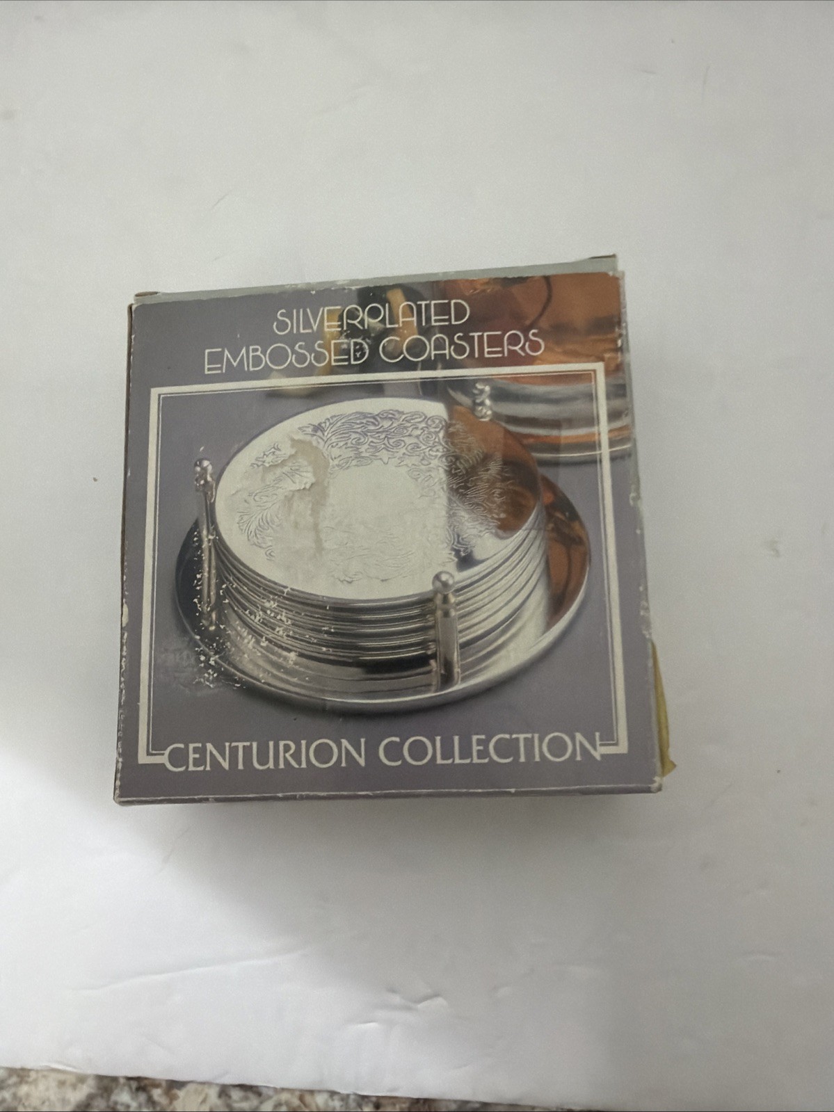 VINTAGE CENTURION COLLECTION SILVER COASTER SET W/ HOLDER EMBOSSED FLORAL TRIVIT