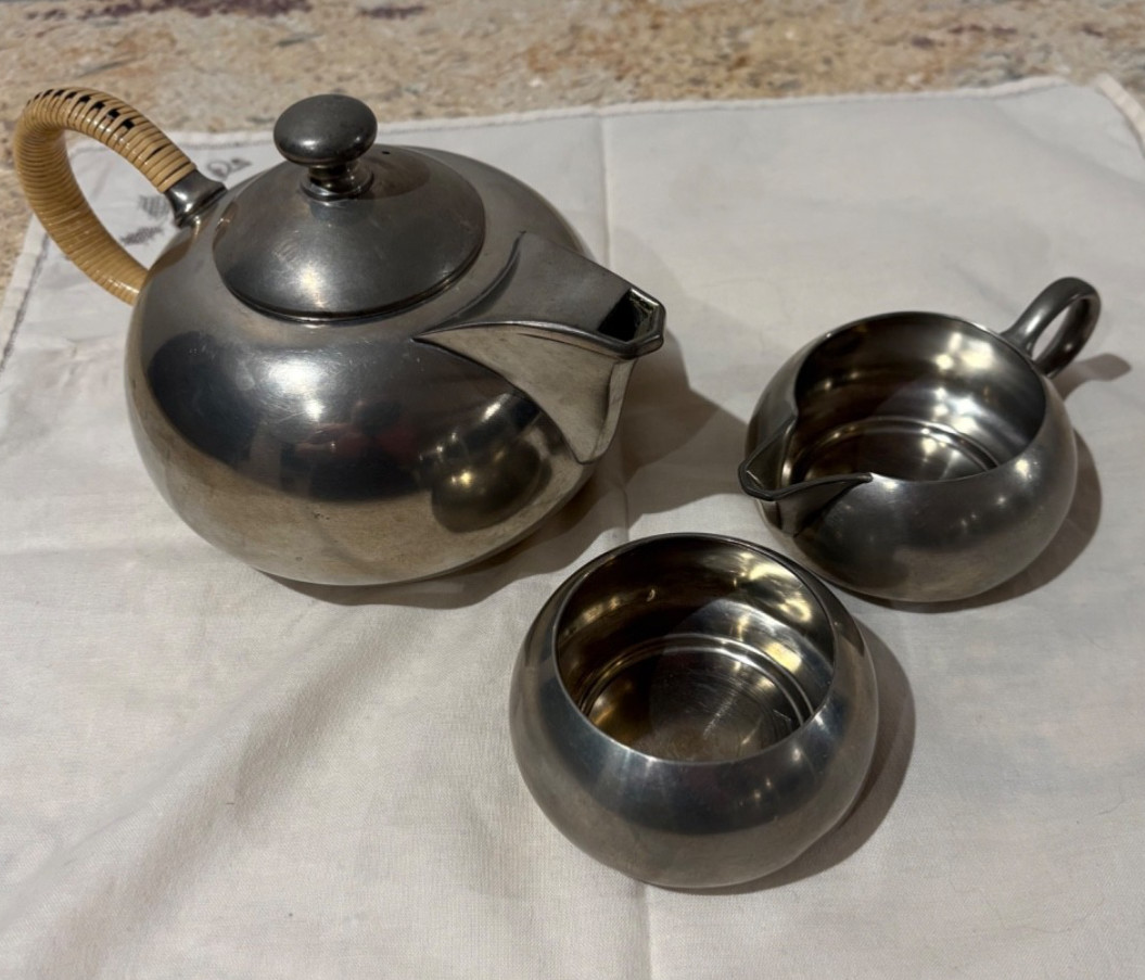 Vintage KMD Royal Holland Pewter Tea Set Daalderop Teapot Creamer Sugar Bowl Mid