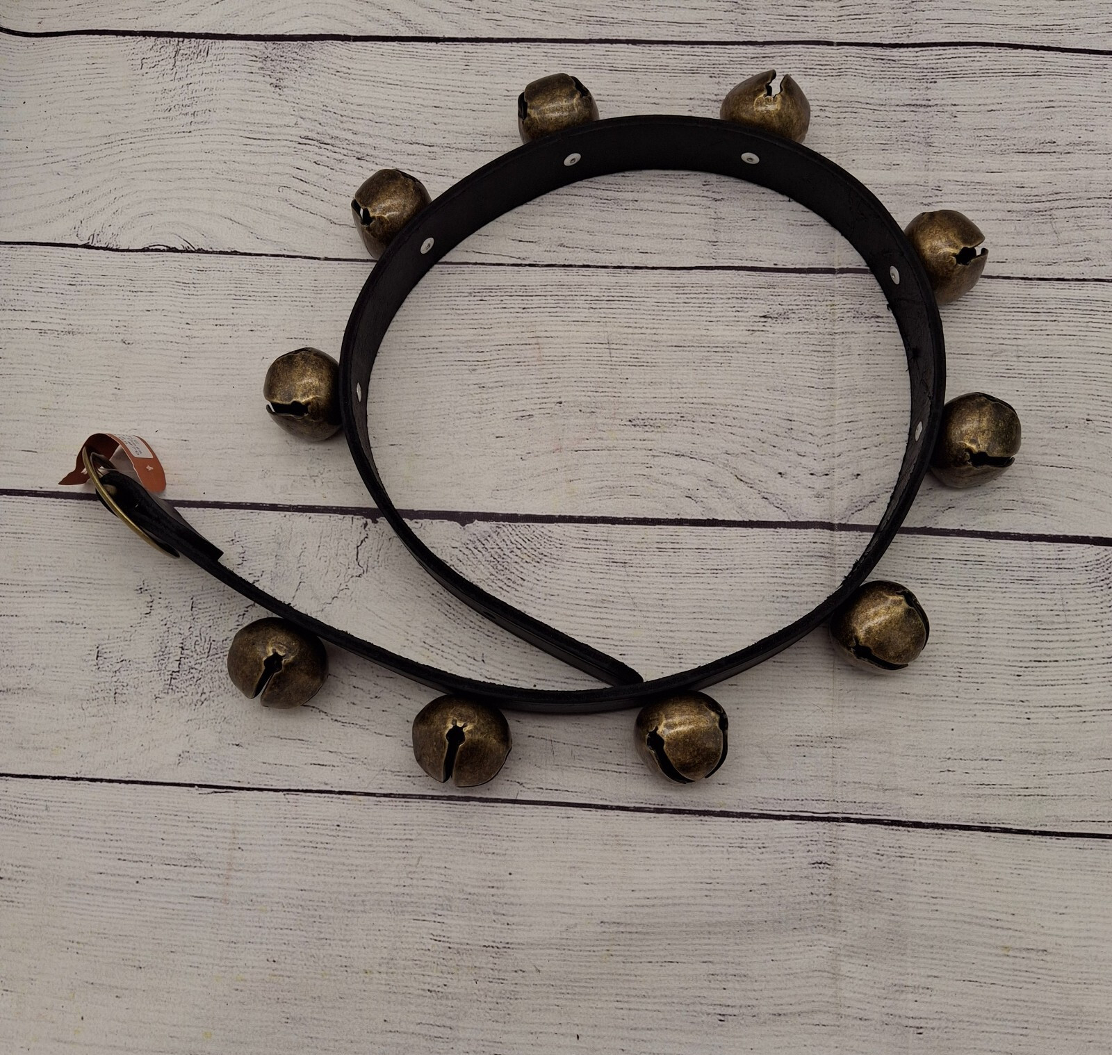 10-Bell Sleigh Bells, Antiqued Brass Bells, Black Leather Strap Horse