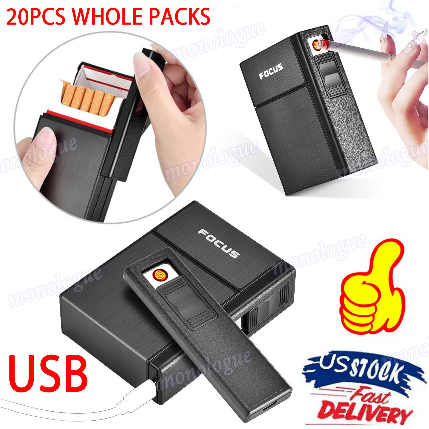 Cigarette Case Tobacco Box Electric Flameless Lighter Windproof USB Rechargeable