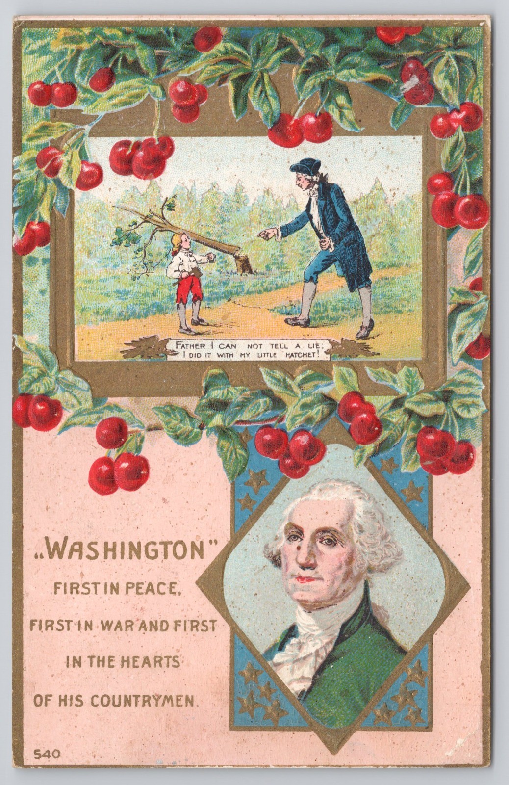 George Washington Cherry Tree Hatchet Story Embossed Postcard Unused