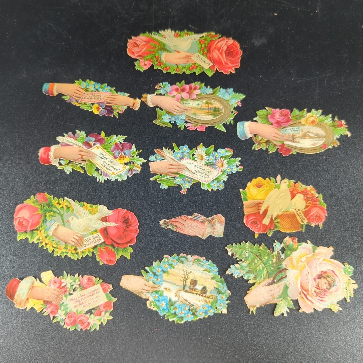 Lot 12 Victorian DIE CUT Scrap hands flowers vintage antique embossed Lot 12 Victorian DIE CUT Scrap hands flowers vintage antique embossed
