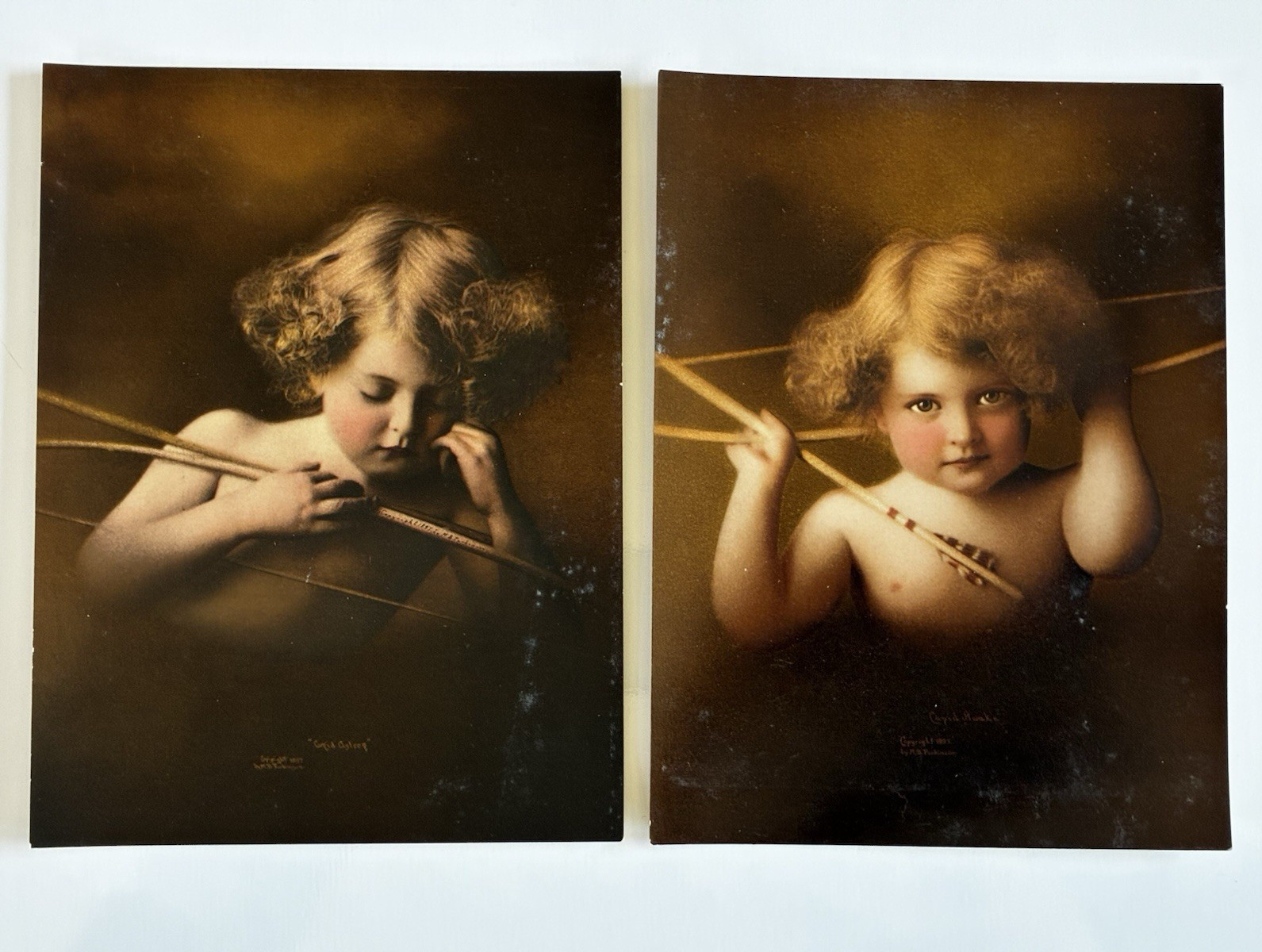 Antique 1897 1898 Taber Prang Cupid Awake & Asleep Chromolithograph Print Pair