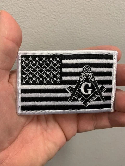 MASONIC LOGO U.S FLAG EMBROIDERED PATCH FREEMASON SQUARE COMPASS MASON WHITE