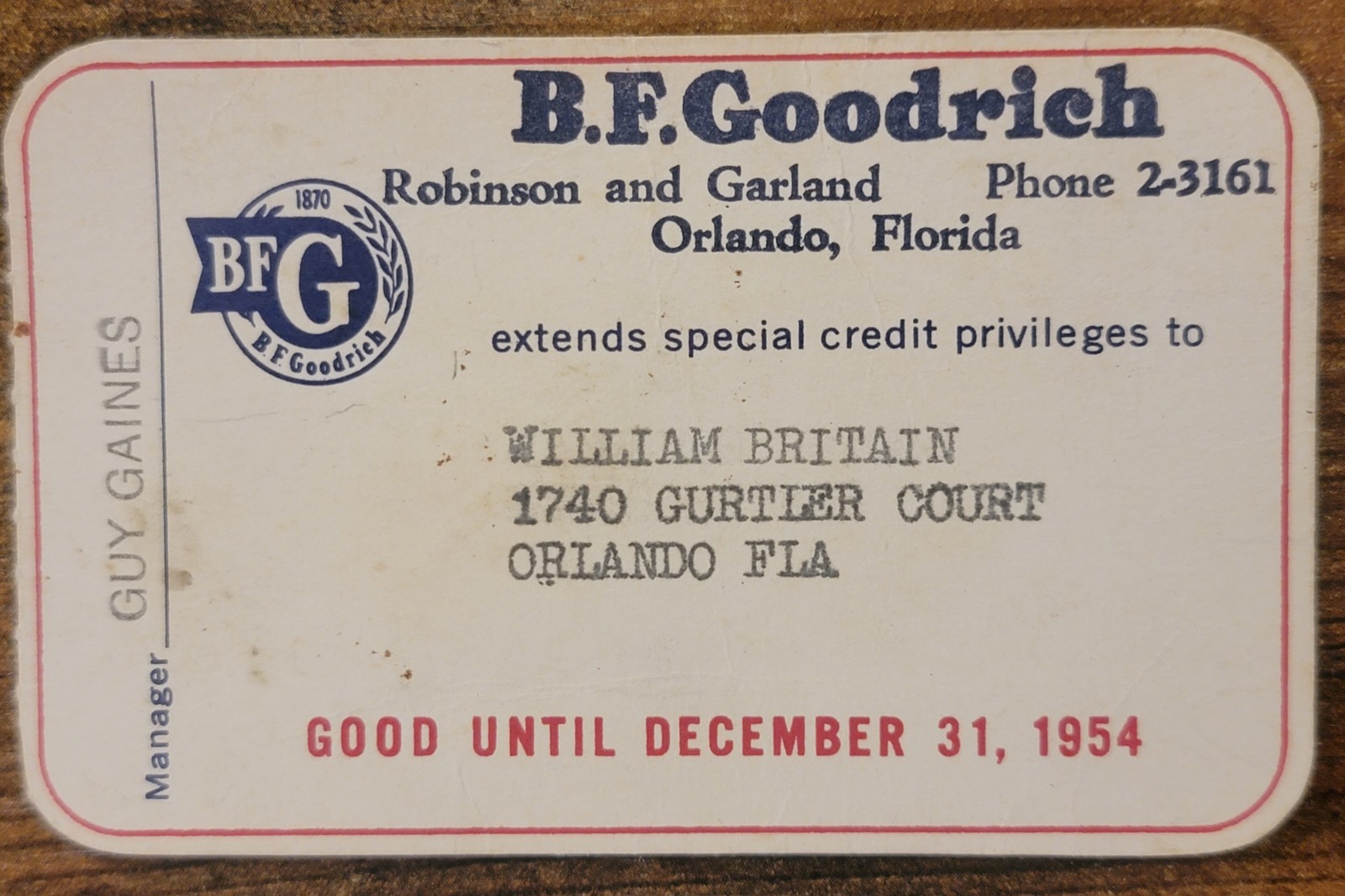 Vintage B.F. Goodrich Paper Credit Charge Card Expired 1954, Orlando, Florida