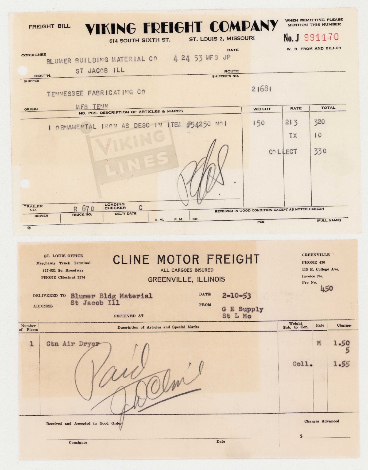 1953 VIKING & CLINE Freight • Letterhead Statements • St Louis & Greenville IL