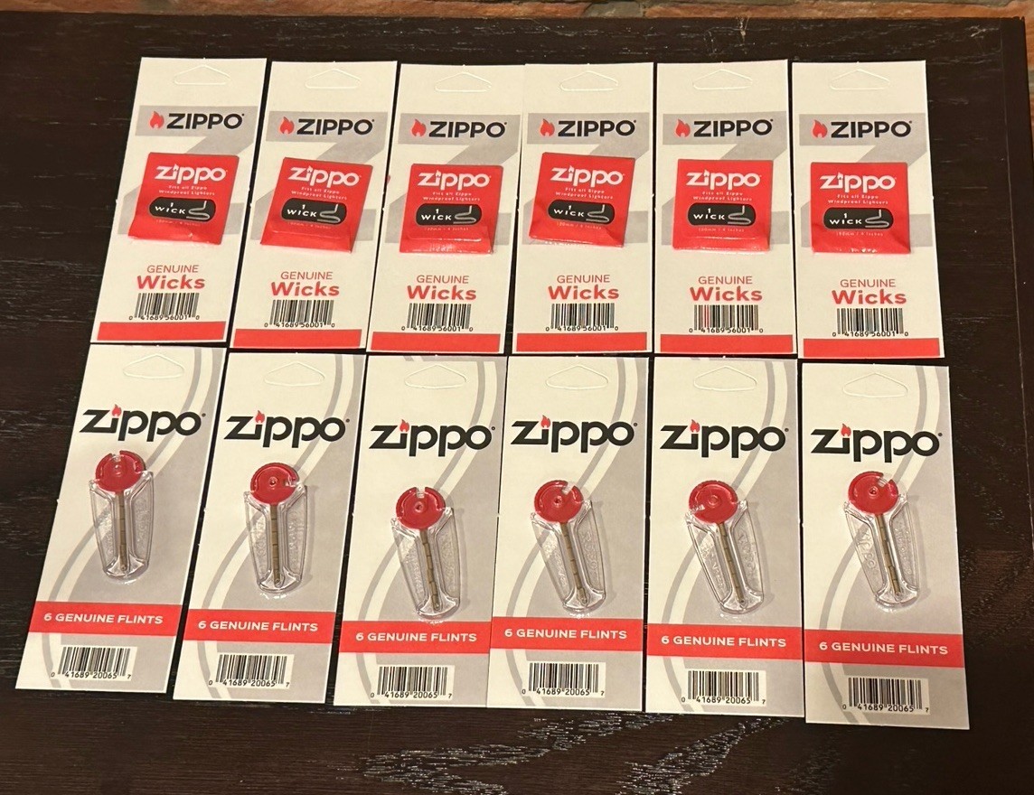 (12) Genuine Zippo Flint & Wick Packs (6) Wicks, (6) Flints (36-total Flints)