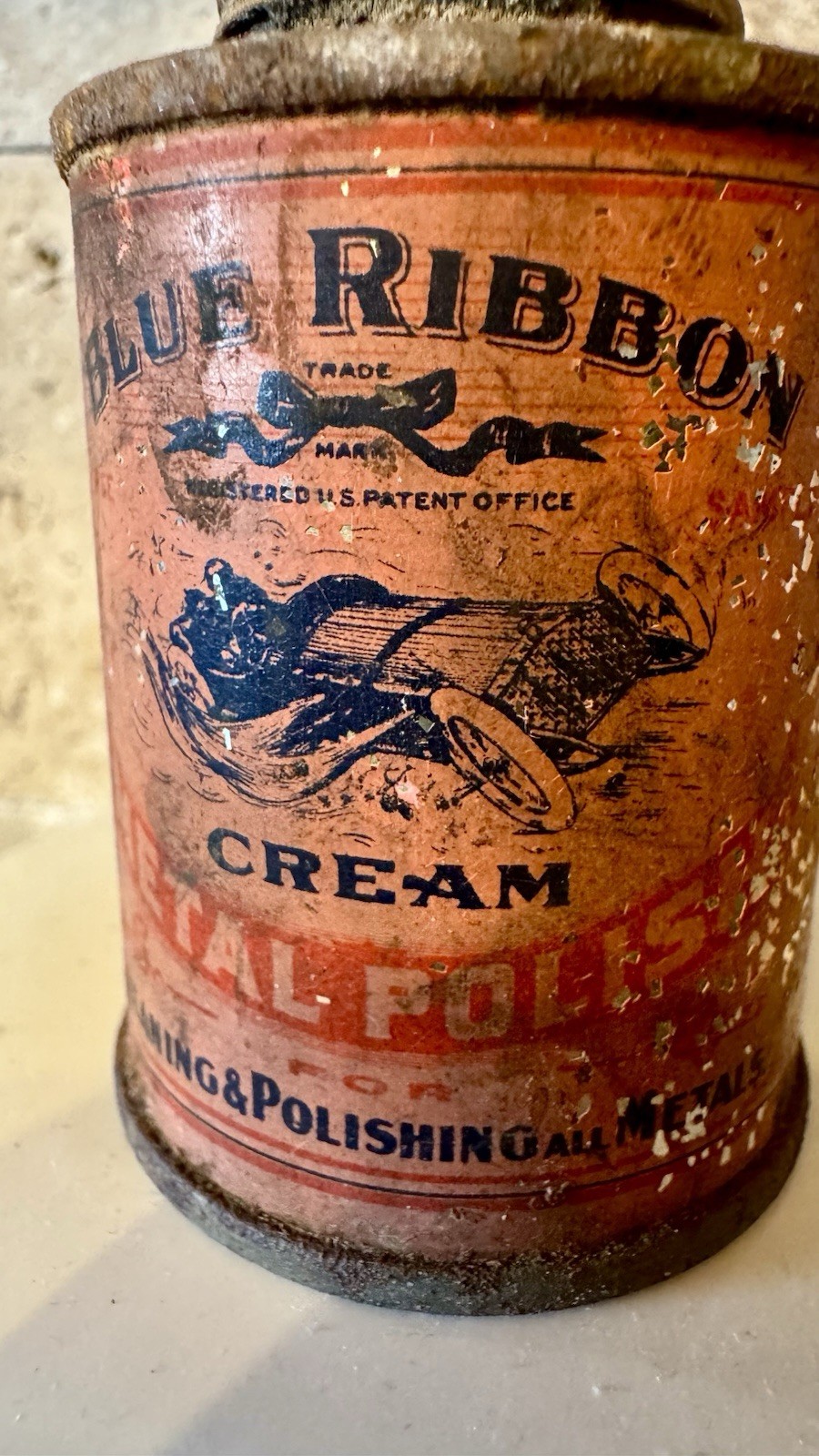 Antique Blue Ribbon Cream Metal Polish Race Car Graphic Tin Can Older Version